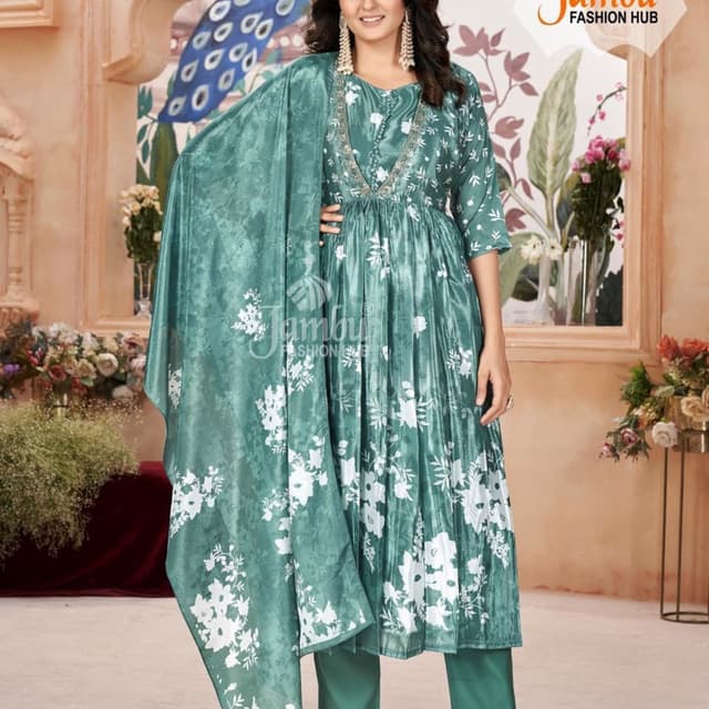 Teal and White Anarkali Suit Set