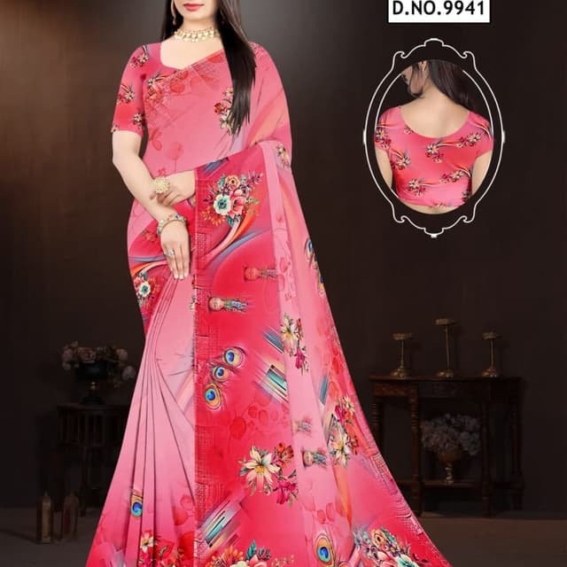 Pink, red, multi-color floral print Saree
