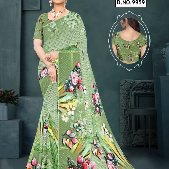 Green, Pink, White, Yellow Saree