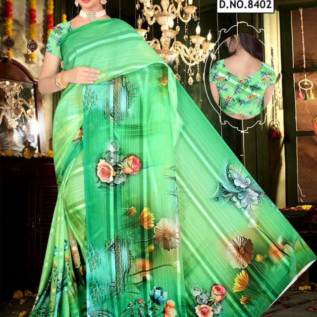 Green, with floral patterns in various colors Saree