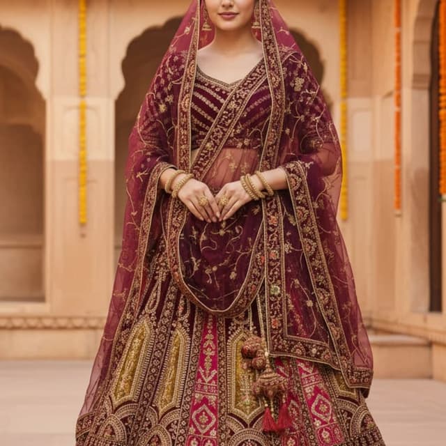 Maroon, Gold, Pink Lehenga Choli
