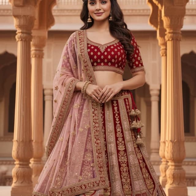 Red, Blush Pink, Gold Lehenga Choli