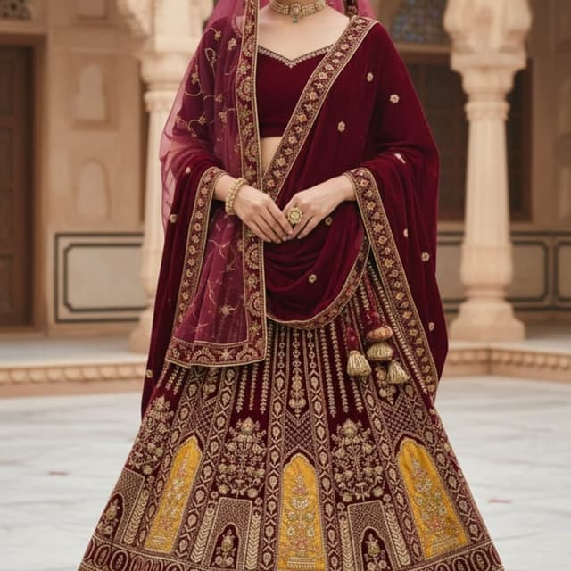 Maroon, Gold, Yellow Lehenga Choli