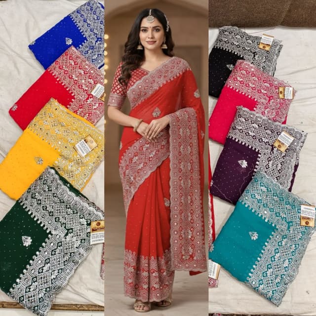 Red, with silver and other colors available Saree