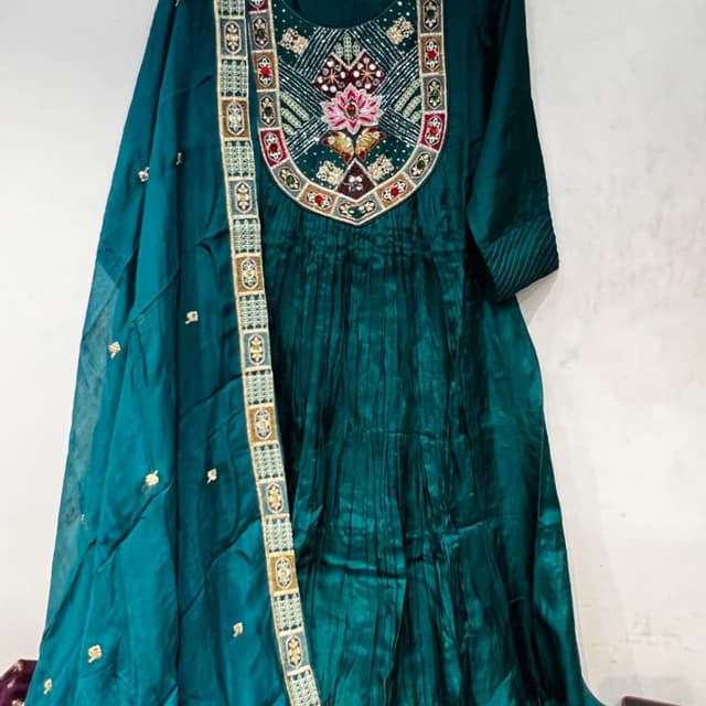 Teal, Gold, Multicolor Anarkali Dress with Dupatta