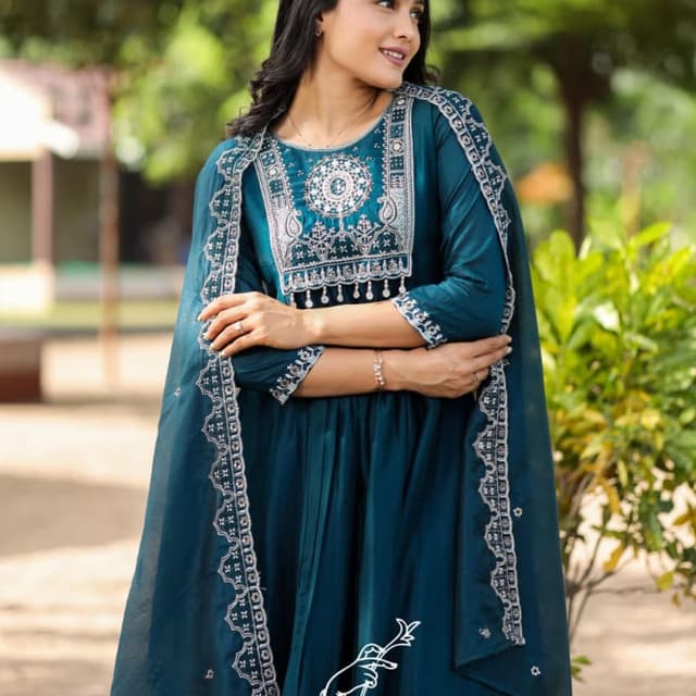 Teal with Silver Embroidery Anarkali Suit with Dupatta