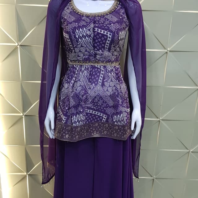 Purple and White Salwar Kameez Set with Cape