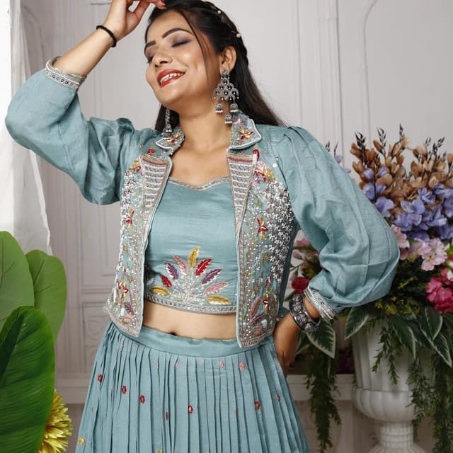 Teal, Multi-colored embroidery Lehenga Choli with Jacket