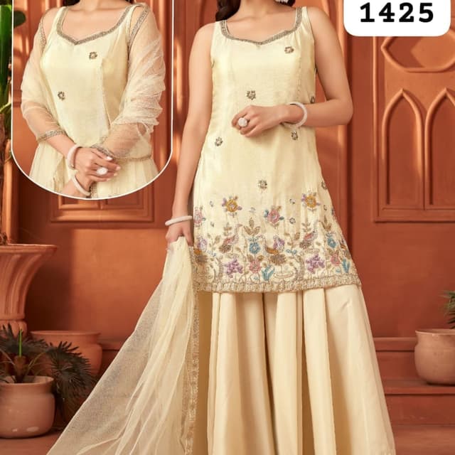 Ivory, Beige, and Multi-color embroidery Sharara Suit