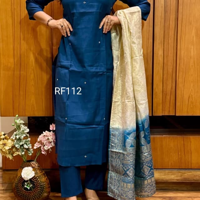 Teal, Gold, Cream Salwar Kameez with Dupatta