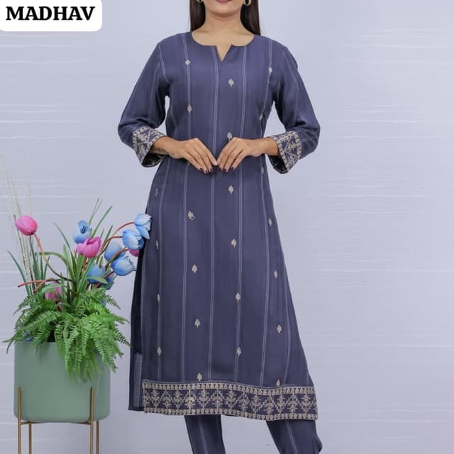 Blue with Beige and Gold accents Kurti with Pants