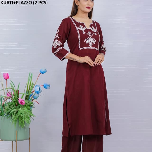 Maroon and White Kurti and Palazzo Set