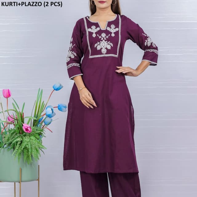 Plum, White Kurti and Palazzo Set