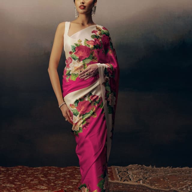 Hot Pink, White, Green Saree