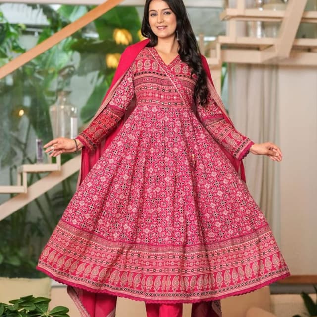 Pink, red, and beige Anarkali Suit