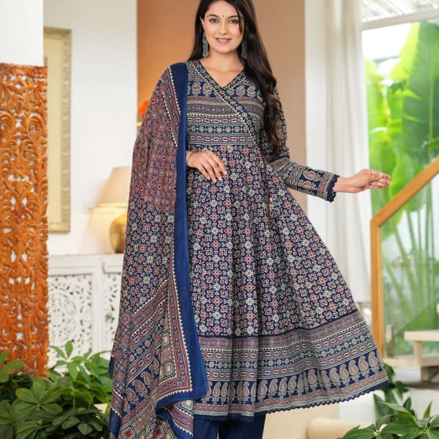 Navy blue, red, cream Anarkali Suit