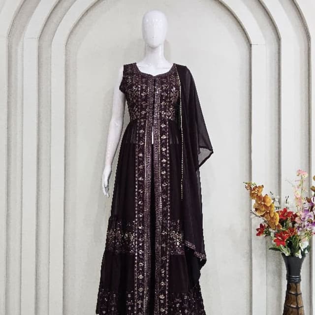 Dark Brown and Gold Anarkali Suit