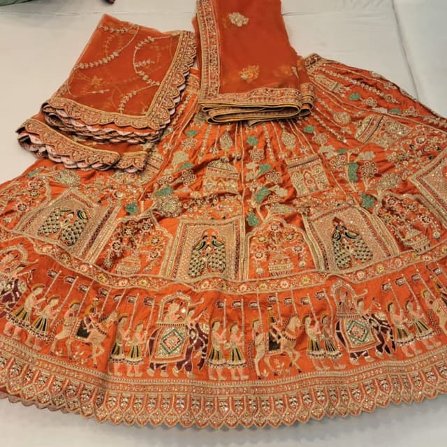 Orange, Gold, Green Lehenga Choli