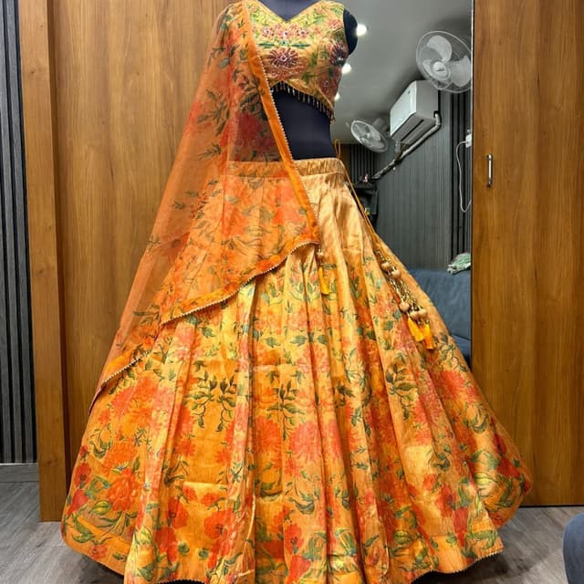 Orange, Yellow, Green, Gold Lehenga Choli