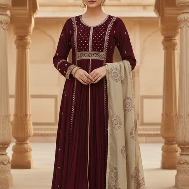 Maroon, Gold, Beige Anarkali Dress