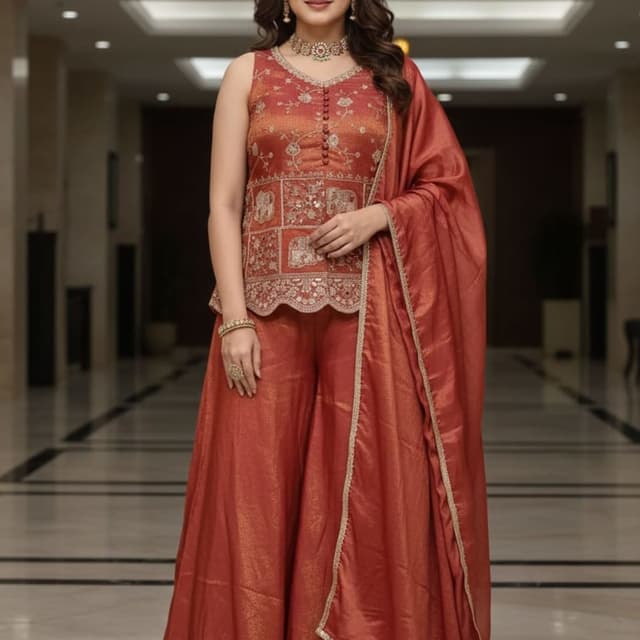 Red-Orange, Gold Palazzo Suit Set