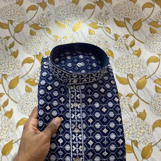 Navy blue with white and cream accents Kurta