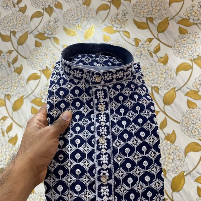 Navy blue, white, and beige Kurta