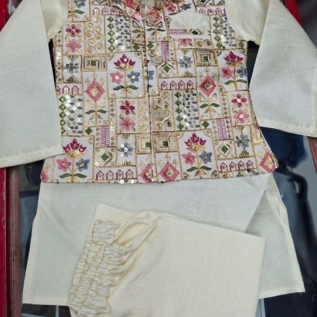 Ivory, Gold, Pink, Green, Blue Kurta Set with Waistcoat