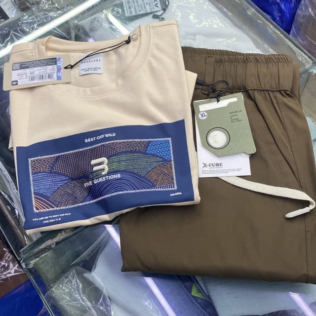 Beige and Olive Green T-shirt and Pants Set