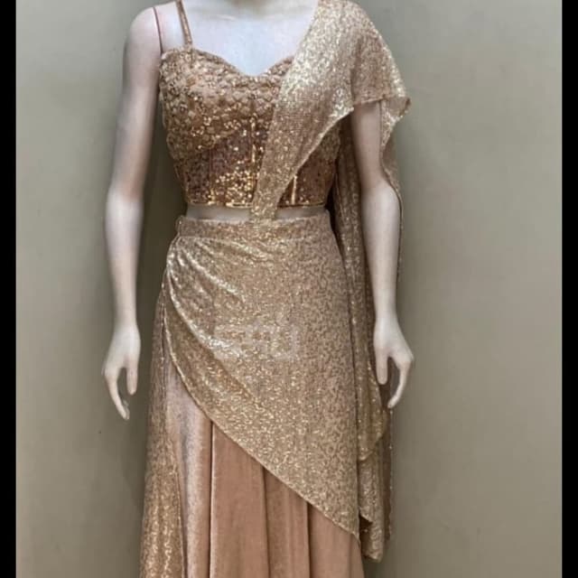 Gold, Peach Lehenga Choli