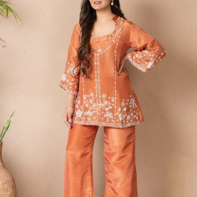 Orange with silver embellishments Kurta and Palazzo Set