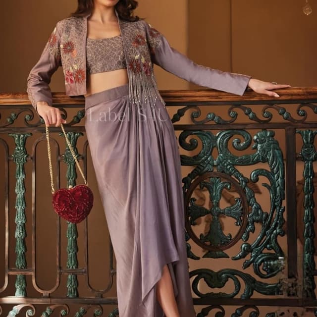 Lavender, Brown, Red, Gold Jacket, Crop Top, Skirt