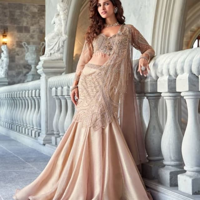 Beige, Peach Lehenga Choli