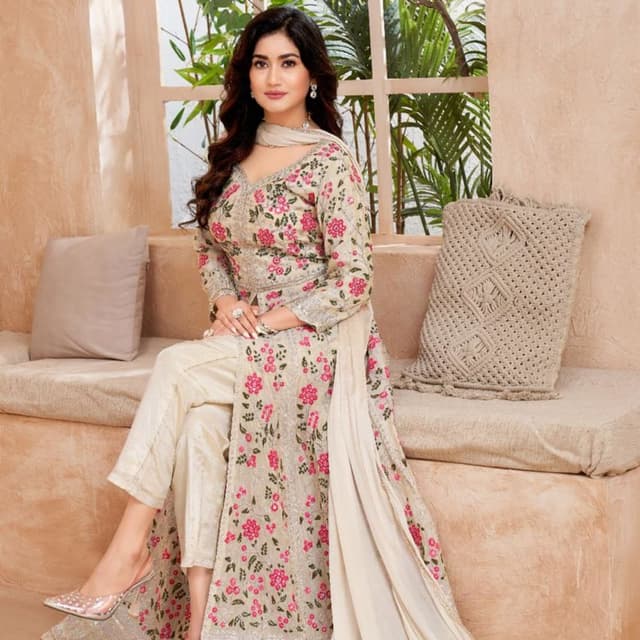 Beige, Pink Salwar Suit