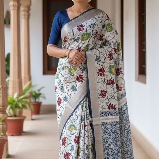 Ivory, Blue, Red, Green, and Silver Saree
