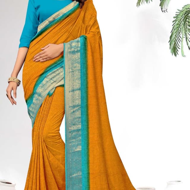 Mustard yellow, teal, and beige Saree
