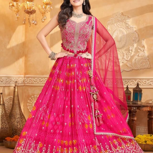 Hot Pink, Gold, Beige Lehenga Choli