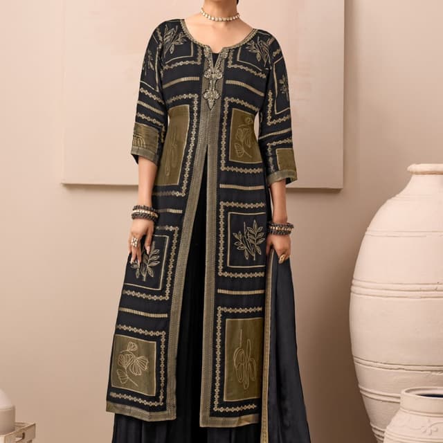 Black, Olive Green, Gold Kurta with Jacket