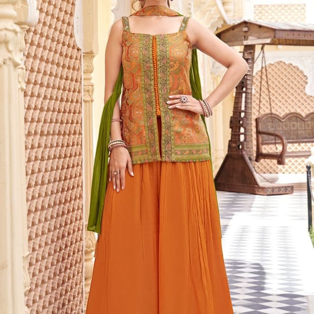Orange, Green, Gold Sharara Suit