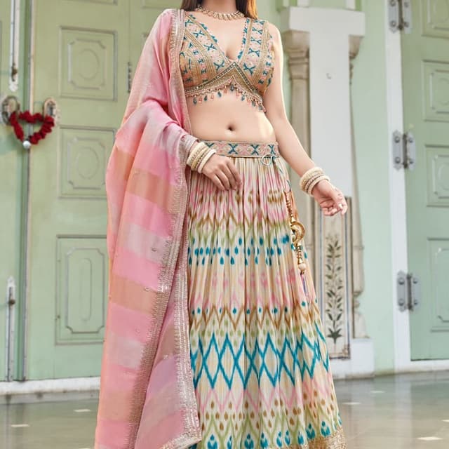 Cream, Pink, Teal, Gold, and Beige Lehenga Choli