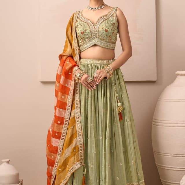 Sage green, orange, yellow, and cream Lehenga Choli