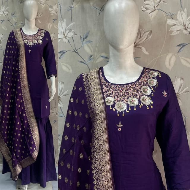 Deep Purple and Gold Sharara Suit Set