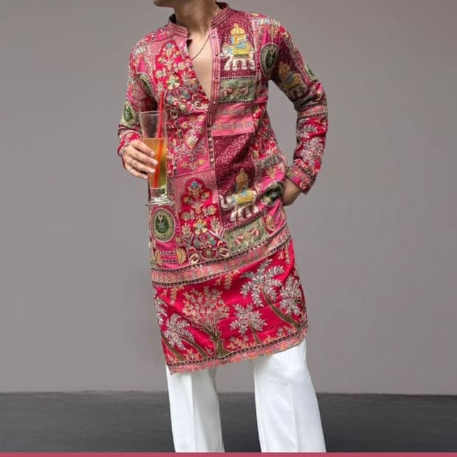 Red, maroon, green, yellow, and blue Kurta