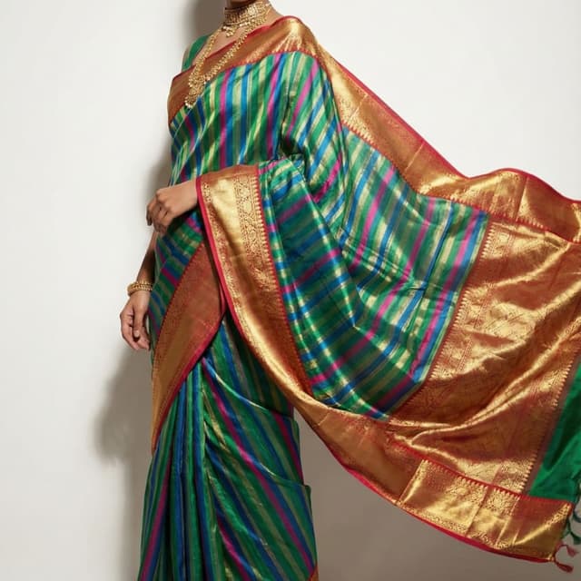 Green, Blue, Pink, Gold, and Red Saree