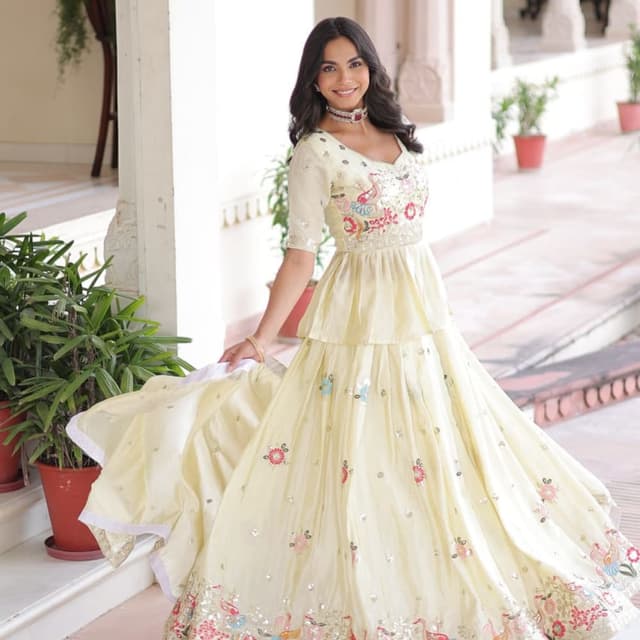 Pale Yellow with Multicolor Embroidery Lehenga Choli