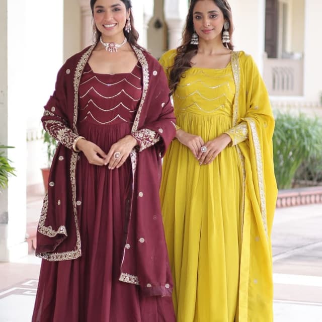 Maroon and Yellow Anarkali Suit