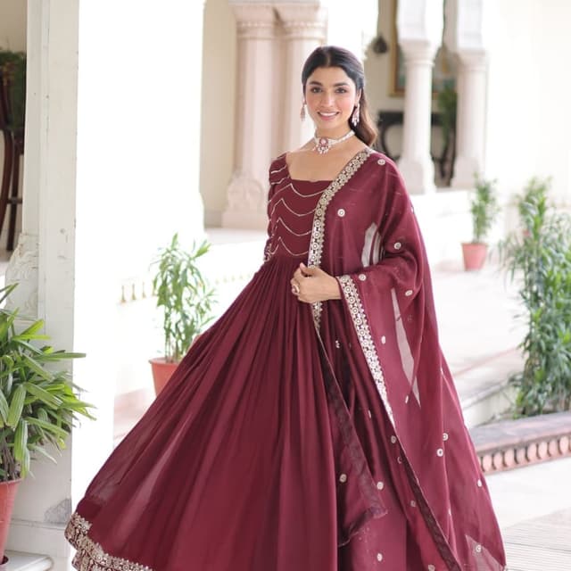 Maroon, Gold Anarkali Suit