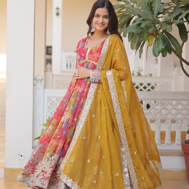 Red, Yellow, and Floral Print Anarkali Suit