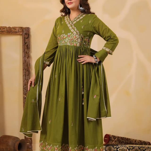 Olive Green with Multi-colored Embroidery Dress
