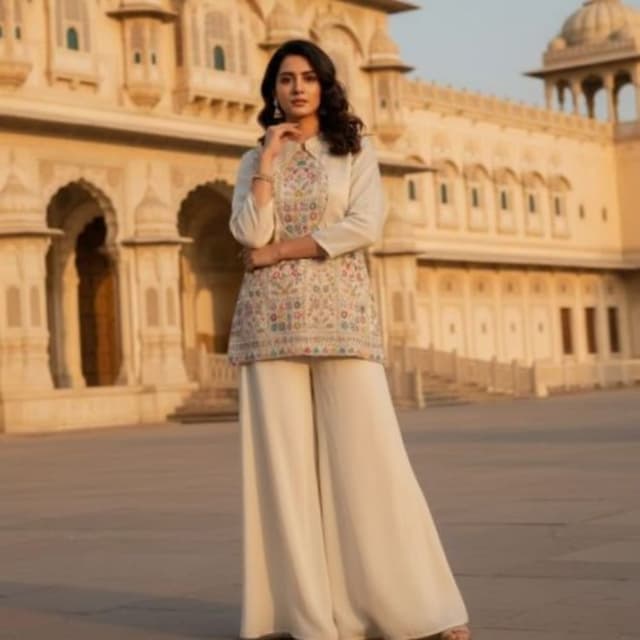 Cream, Beige, Multicolor Kurta and Palazzo Set